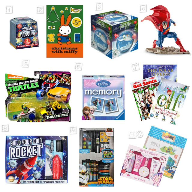 A grid of twelve different children's toys, books, and games—action figures, puzzles, a rocket kit, Star Wars science set, and more—inspiring Christmas gift ideas for children of all interests.