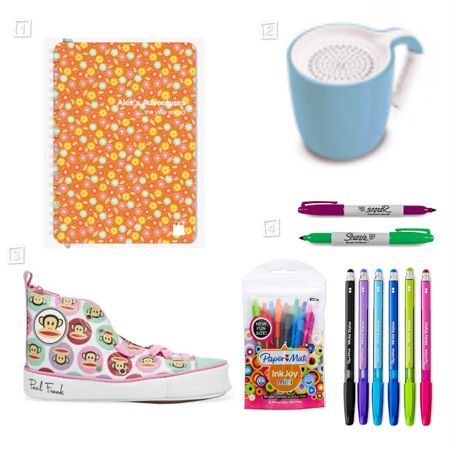 A collage of colourful school supplies—perfect gifts for a blogger—including a floral notebook, a blue mug with strainer, Sharpie markers, pink Paul Frank trainers, Paper Mate gel pens, and blue and green pens.