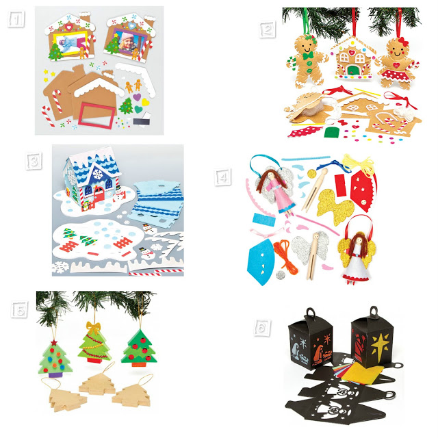 A fun collage of five Christmas craft kits, including gingerbread house and nativity sets, angel ornaments, Christmas trees, and black lanterns with cut-out designs—perfect for family creativity with colourful craft materials and decorations.