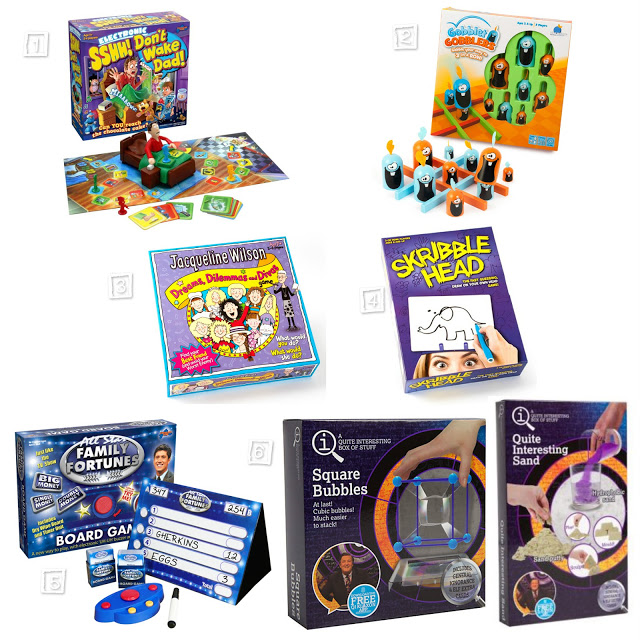 Six boxed family games are displayed, including Don’t Wake Dad, Soggy Doggy, Jacqueline Wilson’s Double Dares, Scribble Head, Family Fortunes, Square Bubbles, and Quite Interesting Sand—perfect for family fun and games.