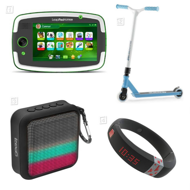 A collage of four gadgets makes perfect Christmas gift ideas for children: a green kids’ tablet, a blue and white scooter, a black portable LED speaker, and a black digital wristband showing the time "10:39".