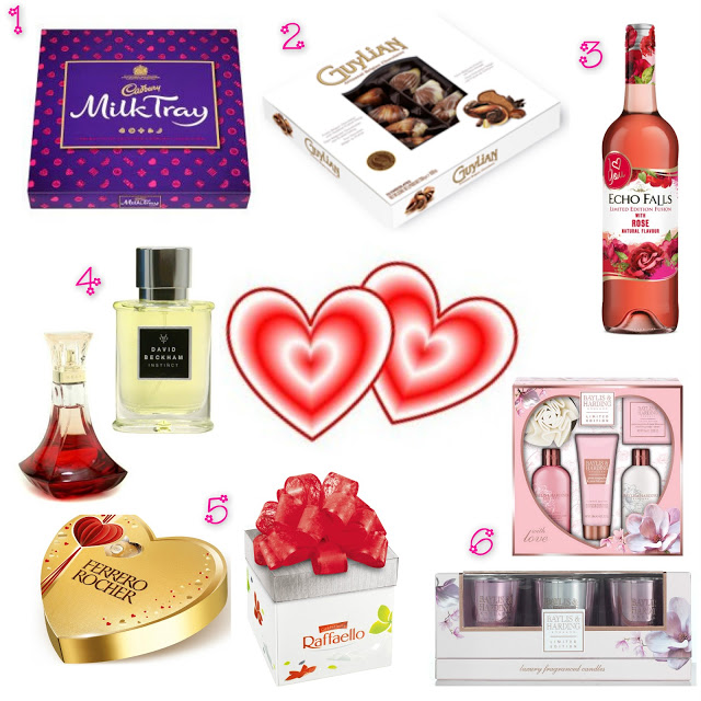 A collage of six Valentine’s Day gifts under £20, featuring chocolates, wine, perfumes, and bath sets. Two red hearts sit at the centre, with pink numbers labelling each thoughtful gift idea.