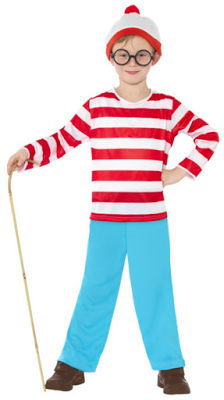 A child dressed as Wally from "Where's Wally?" in a red and white striped jumper, blue trousers, round glasses, and holding a walking stick—perfect for Tickled Pink Fancy Dress or to win a gift voucher at your next fancy dress competition!.