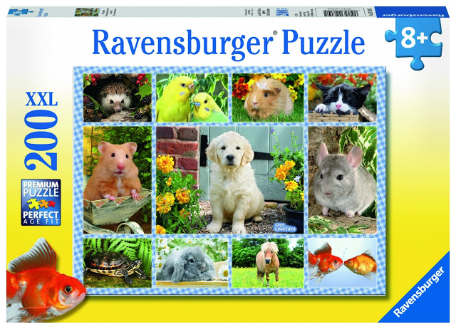 Box of a Ravensburger Jigsaw Puzzle for ages 8+, featuring 200 XXL pieces. The cover showcases cute animals including a puppy, guinea pigs, birds, rabbits, and a goldfish for endless puzzle fun.