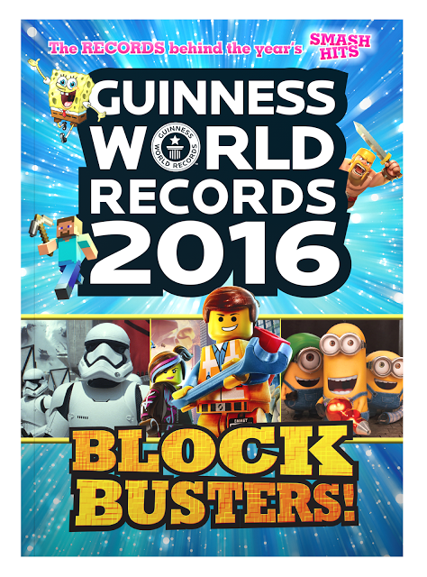 Cover of the Guinness World Records 2016 Blockbusters book featuring popular film characters like LEGO figures, Minions, and a Star Wars stormtrooper, with the headline “BLOCK BUSTERS!” on a bright, dynamic background.