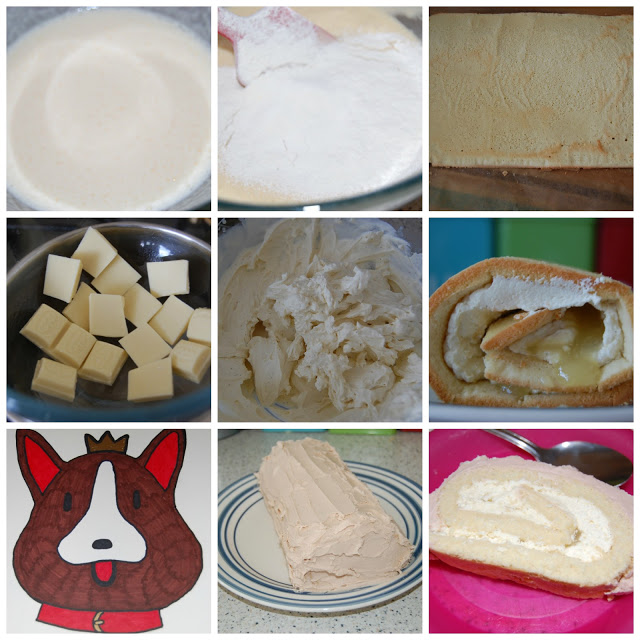 A 3x3 grid shows steps of a cake recipe: mixing batter, adding flour, baked cake, cubed butter, whipped mixture, rolled cake with filling, a Corgi dessert drawing, iced cake, and a sliced Swiss roll.