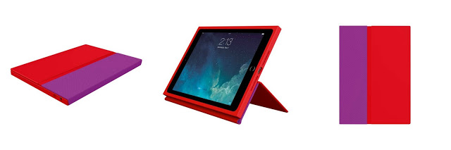 A red and purple Logitech BLOK iPad Air 2 Case is shown closed, propping up a tablet, and viewed from the back, highlighting its folding design and two-tone colour scheme—a win for both style and function.