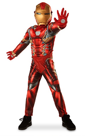 A child in a vibrant Iron Man costume stands with legs apart, one arm extended forward in a power pose, and the other bent. The detailed mask and armour accents make this ready for any superhero costume review.