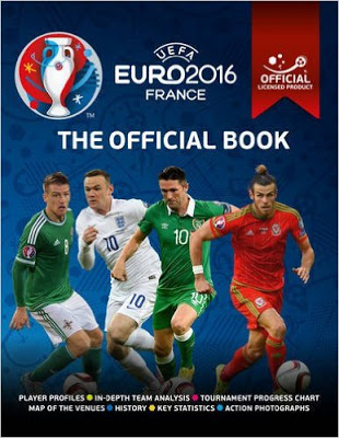Cover of “UEFA EURO 2016 France: The Official Book” featuring four footballers in action, the Euro 2016 tournament logo, and text mentioning player profiles, team analysis, and other tournament details.