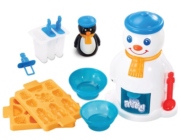 Children’s ice lolly making set featuring a white Mr Frosty snowman-shaped machine, an ice lolly mould with blue handles, a black penguin container, two blue bowls, orange ice moulds, and a red spoon.