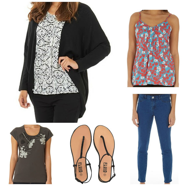 A collage of women’s clothing: a woman in a black cardigan over a white patterned top and black trousers, perfect for a smart outfit, plus a red floral vest top, black floral T-shirt, blue jeans, and tan sandals—a great spring summer fashion look.