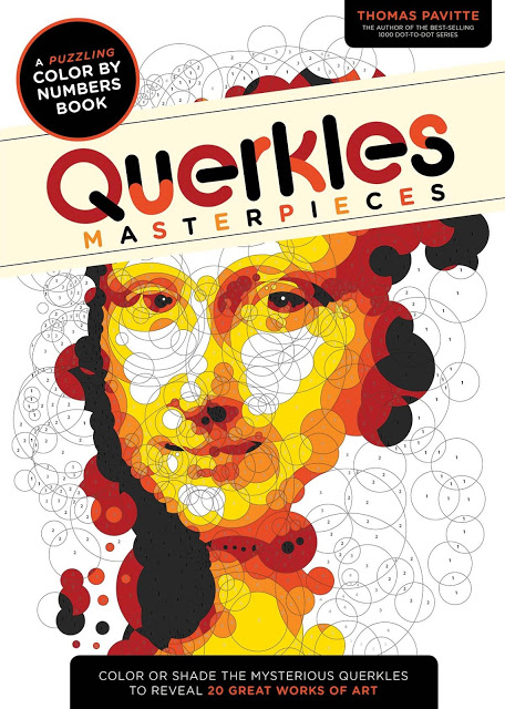 Cover of "Querkles Masterpieces," a Colour by Numbers Book by Thomas Pavitte. The cover shows a partially coloured Mona Lisa, created with overlapping numbered circles—can you win at bringing this iconic image to life?.