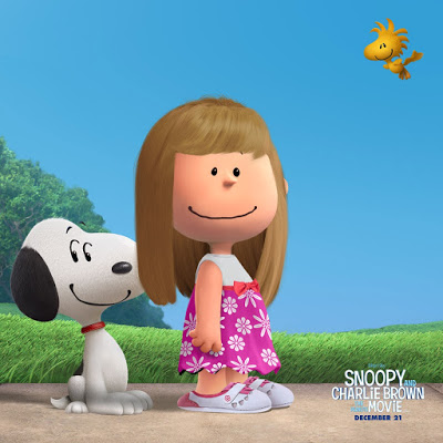 Animated girl with straight brown hair in a pink flowered dress stands smiling next to Snoopy on the grass under a blue sky. Woodstock flies above. Text reads: "Snoopy and Charlie Brown: The Peanuts Movie.