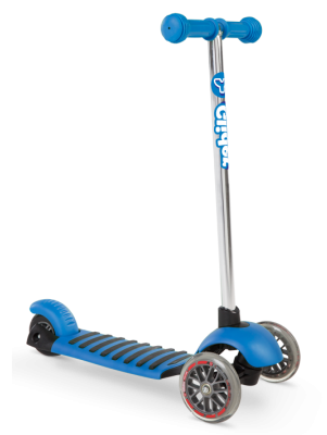 A blue YGlider Deluxe Scooter with two large front wheels, a smaller rear wheel, a silver handlebar stem, and a black footboard with ridges for grip.