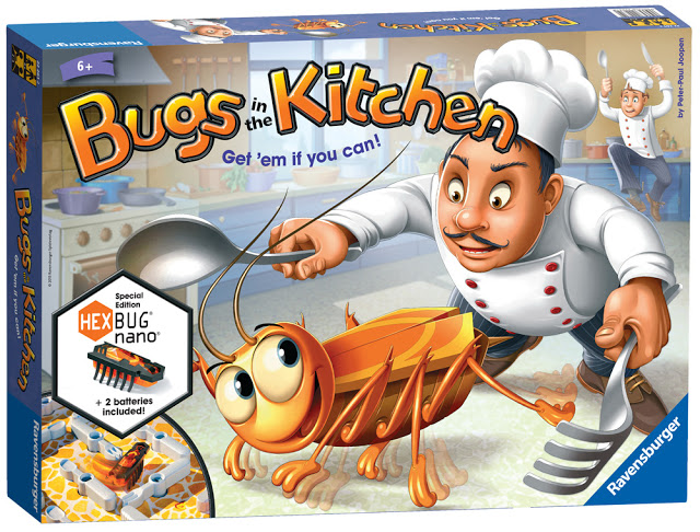 A colourful "Bugs in the Kitchen" game box depicts a surprised chef chasing a lively cockroach with a spatula and spoon in a bright kitchen. This exciting game for ages 6+ includes a HEXBUG nano for extra fun.