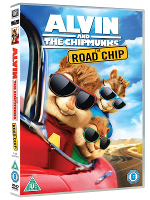 DVD cover for Alvin and the Chipmunks: The Road Chip features three chipmunks in sunglasses, cruising in a red car along a winding road under a blue sky—a fun visual hinting at the adventures inside. Perfect for any Alvin and the Chipmunks DVD review!.