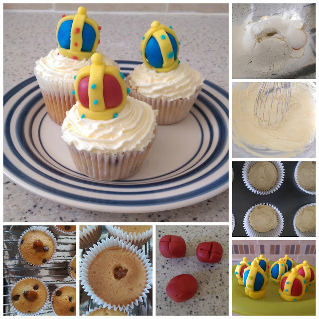 A collage showing the process of making strawberry and cream cakes with crown decorations: baking steps, mixing batter, cupcakes in cases, red and yellow fondant shaping, and finished cupcakes fit for a queen, topped with colourful crowns.