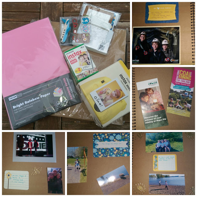 A collage shows scrapbook supplies, printed photos, and scrapbook pages being assembled with colourful paper, stickers, and handwritten notes highlighting staycation memories and special activities.
