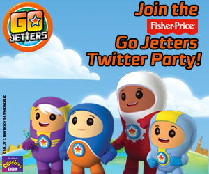 Four cartoon characters from Go Jetters, each in colourful superhero suits, stand smiling outdoors. The text reads: "Join the Fisher-Price GoJettersGo Twitter Party!" with the Go Jetters logo and a blue sky background.