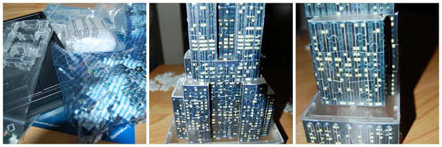 A collage of three photos: an unopened Ravensburger 3D city building puzzle, a close-up of the assembled puzzle showcasing blue illuminated skyscrapers, and another detailed view for an insightful 3D puzzles or puzzle review.