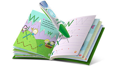 An open children's activity book with colourful illustrations and practice writing pages. A green and white electronic reading pen rests on the book, making it a standout among back to school essentials for interactive learning.
