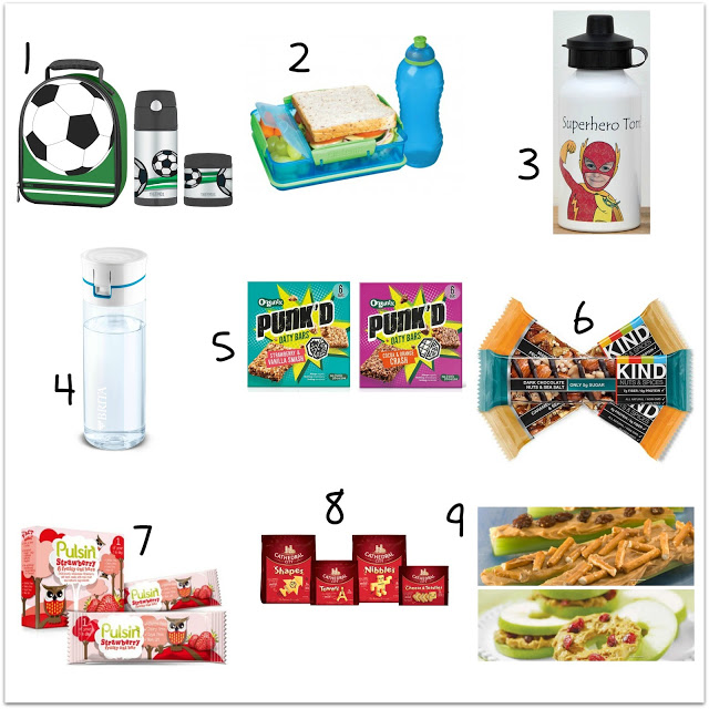 A collage shows various back to school essentials for children, including a football backpack, sandwich box, superhero water bottle, clear water bottle, snack bars, KIND bars, Polish strawberry bars, yoghurt pots, and celery with toppings.
