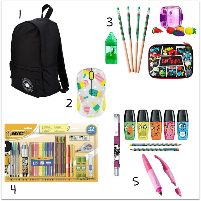 A collage of five back to school essentials: a black rucksack, colourful ice lolly-patterned mouse, pencils and sharpeners, a 32-piece BIC stationery set, lunchbox, animal face highlighter pen, and two pink pens.