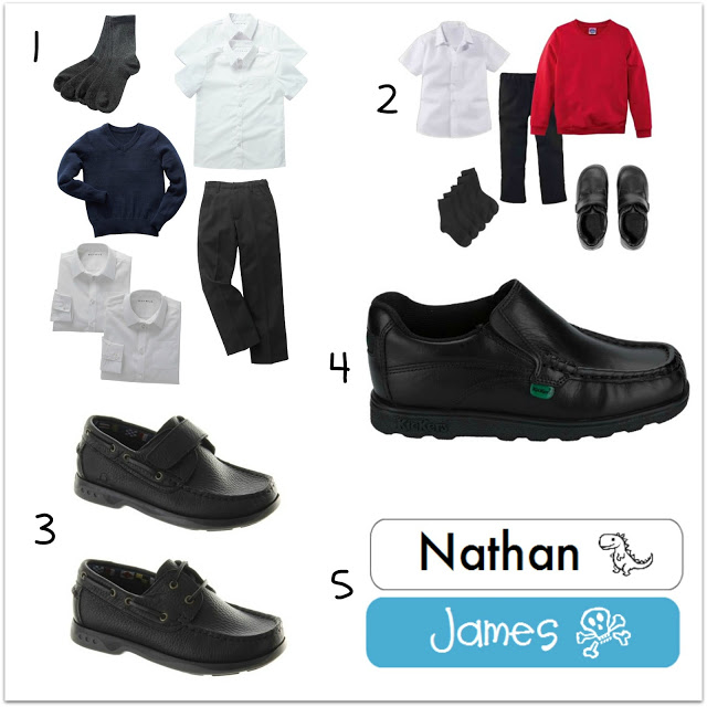 A collage of boys’ back to school essentials: black socks, white shirts, navy and red jumpers, black trousers, school shoes, boat shoes, and two name labels—one with a dinosaur for "Nathan" and one with a skull for "James.