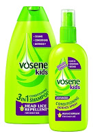 Two bright green bottles of Vosene Kids hair products—back to school essentials. One is a 3-in-1 shampoo for head lice repellent, the other a conditioning defence spray. Both have vibrant purple and yellow labels.