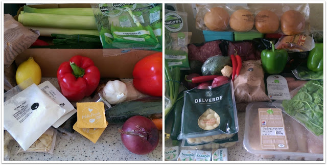 Two images side by side show fresh groceries for a HelloFresh review, featuring vegetables like peppers, onions, celery, and spinach alongside packaged pasta, chicken, cheese, lemon, and other ingredients on a kitchen worktop.