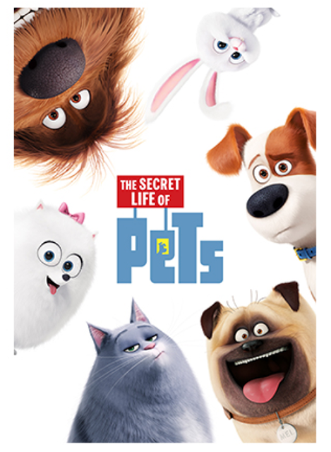 Film poster for "The Secret Life of Pets" featuring animated pets—a dog, cat, rabbit, pug, Pomeranian, and guinea pig—smiling and looking toward the centre, plus a chance to Win iTunes Voucher with the film title in bold at the centre.