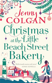 Book cover for "Christmas at the Little Beach Street Bakery" by Jenny Colgan, perfect for cosy reading with festive decorations, a lighthouse, a woman in a coat, and a wintry seaside village scene, plus a glowing quotation by Sophie Kinsella.