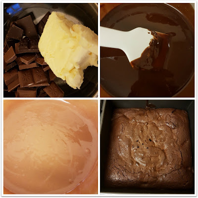A four-panel image shows: chocolate and butter in a bowl, melted chocolate being stirred, a greased baking tin, and freshly baked brownies—perfect for Holiday Cooking—in the tin.