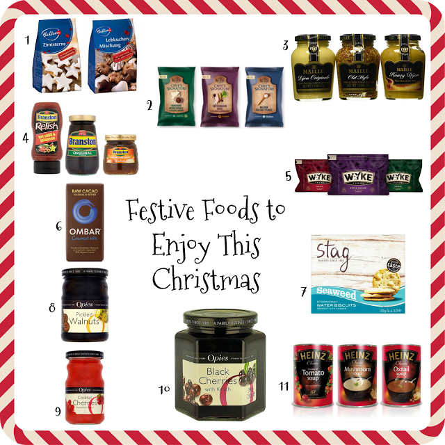 A festive collage showcases delicious food and drinks to enjoy at Christmas—cheese, crackers, sauces, jam, chutneys, walnuts, and chocolate bars—arranged around "Festive Foods to Enjoy This Christmas" on a charming candy cane border.