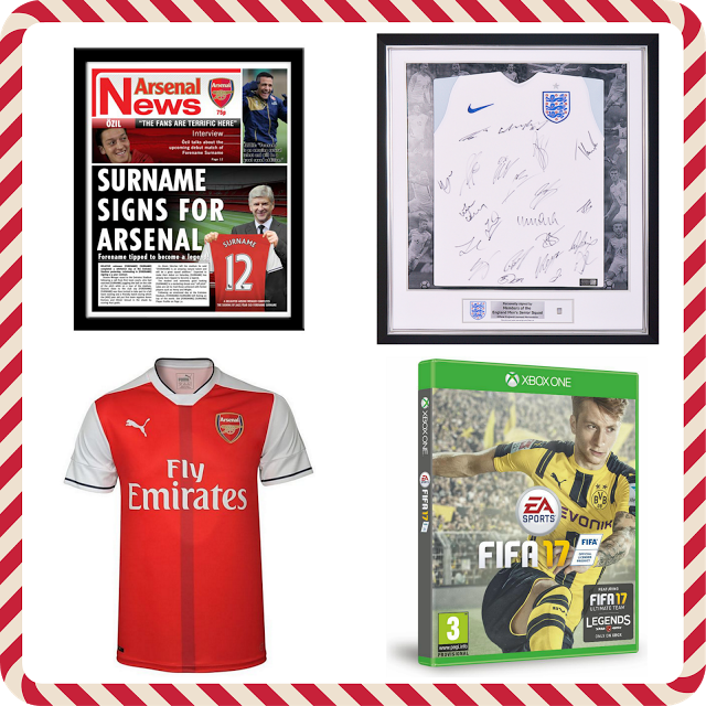 A collage featuring an Arsenal newspaper, a signed England football shirt in a frame, an Arsenal home shirt, and an Xbox One FIFA 17 Legends game—perfect Christmas gift ideas for football fans—all bordered by a red and white striped frame.