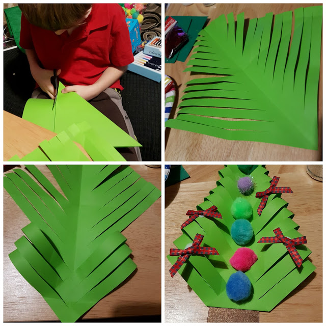 Four images show a child making a Christmas tree craft from green paper—cutting slits, folding branches, and adding pom-poms and red bows—for festive Christmas decorations. Make It Don't Buy It adds a homemade touch to your holiday crafts.