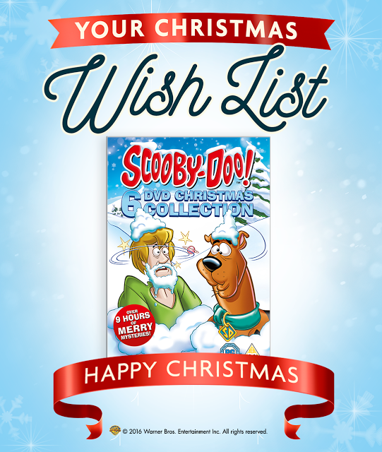 A festive poster with "Your Christmas Wish List" at the top, featuring a Scooby-Doo 6 DVD Christmas Collection—DVDs for all the family—a red ribbon reading "Happy Christmas," and a snowy, blue background with starbursts.