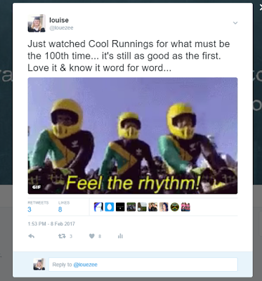 A tweet from Louise says, "Just watched Cool Runnings for what must be the 100th time... it's still as good as the first. Love it & know it word for word..." Below is a gif of four bobsledders in yellow helmets—definitely a Best Retweet!.