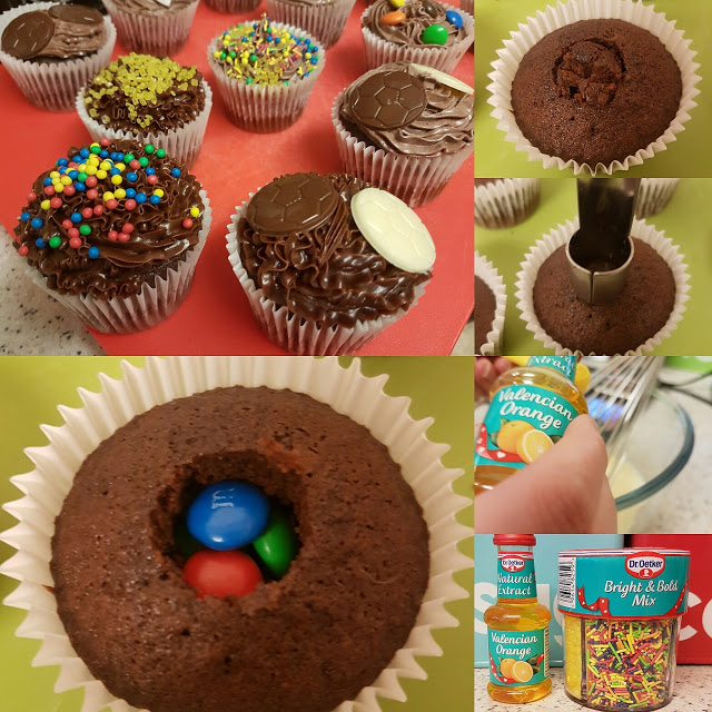 A collage shows chocolate orange piñata cupcakes, one with a hole cut out, a tool removing the centre, M&Ms added inside, plus images of food colouring, sprinkles, and cupcake mix used in the baking process.