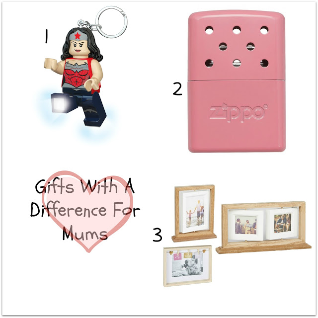 A collage showing three unique Mother’s Day gift ideas for mums: 1. A Wonder Woman LEGO keyring torch, 2. A pink Zippo hand warmer, and 3. Wooden photo frames with family photos. Text reads "Gifts With A Difference For Mums.