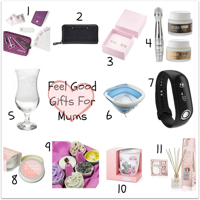 A collage of eleven Mother’s Day gift ideas for mums, featuring skincare, jewellery, purse, foot spa, candle, and more—arranged around text reading "Feel Good Gifts For Mums.