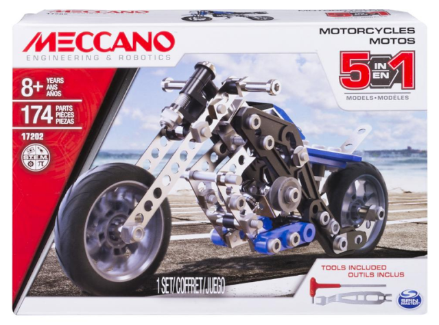 A Meccano 5-in-1 Motorcycle Set building kit box, featuring an assembled metallic motorbike model on the front. The kit is for ages 8+, with 174 pieces and tools included—perfect for any Meccano fan to review and enjoy.