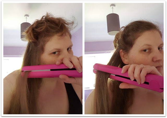 Side-by-side photos of a woman using Lee Stafford Cordless Straighteners. On the left, her hair is messy and partially styled; on the right, after use, her hair looks straighter and neater. Perfect for anyone seeking a cordless styling upgrade or looking for a Review!.