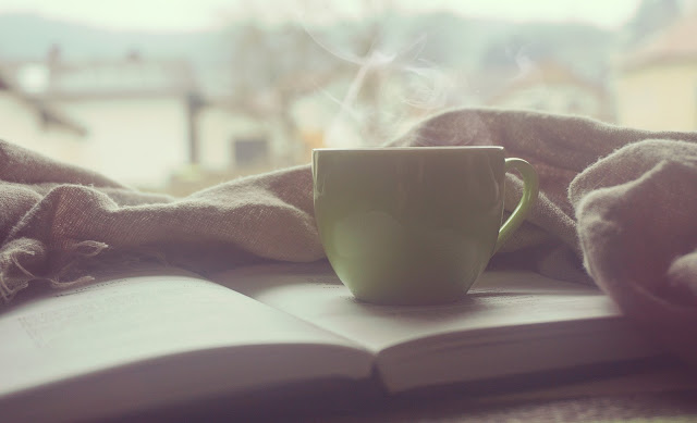 A steaming green mug sits on top of an open book in the living room, surrounded by a cosy blanket, with a soft-focus background of window light and blurred outdoor scenery.