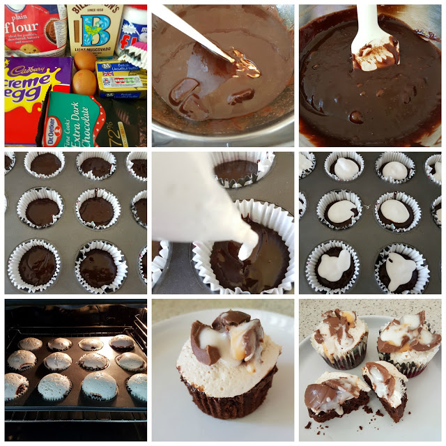 A nine-step photo collage shows the process of making Mini S'more Brownie Cupcakes with a creamy filling, from gathering ingredients, mixing batter, filling cupcake cases, baking, adding cream, and revealing chocolate and cream inside.