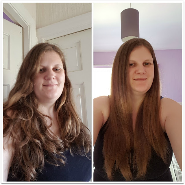 Side-by-side photos show a woman before and after using the Lee Stafford Cordless Straighteners. On the left, her hair is wavy and voluminous; on the right, it’s sleek and smooth. She is smiling in both images for this review.