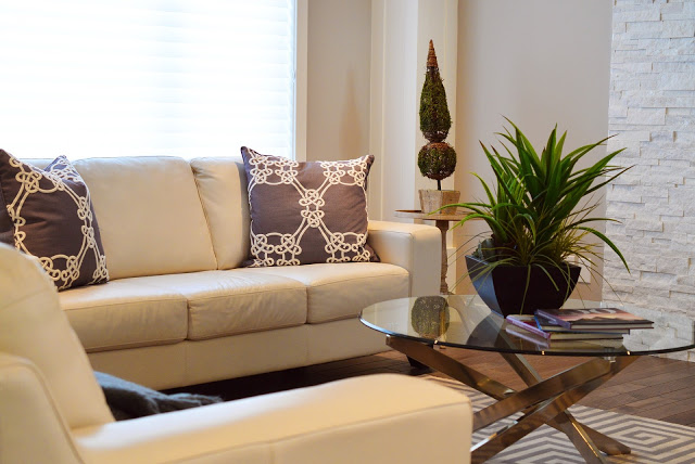 A modern living room features a white leather sofa, two patterned cushions, a glass coffee table with books and a green plant, and a decorative topiary beside a white textured wall.