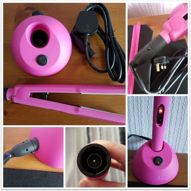 Collage showing a pink Lee Stafford cordless straightener with base, plug, and close-ups of the connector and power indicator light, displayed on a wooden surface and by a textured wall—perfect for your next review.