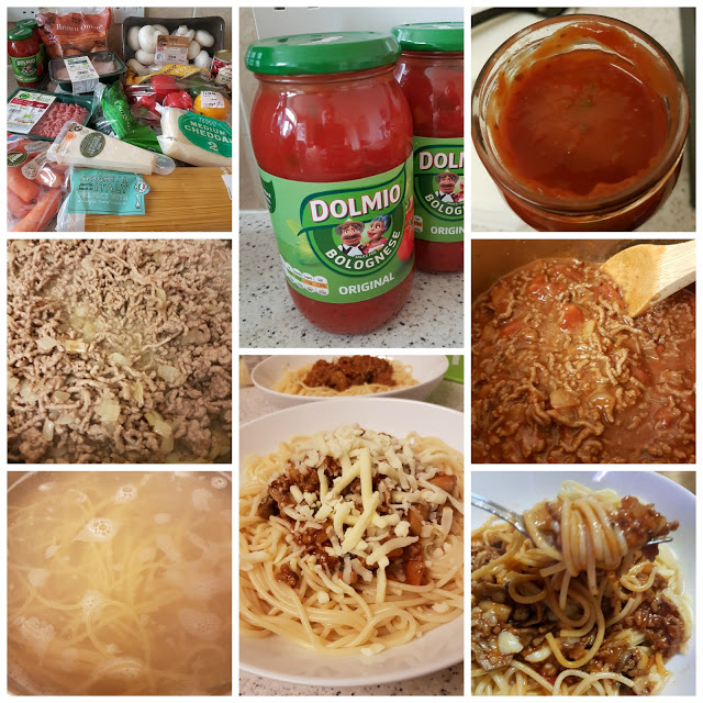 A collage showing ingredients for spaghetti bolognese, jars of Dolmio sauce, cooking minced meat, boiling spaghetti, rich Dolmio sauce in a saucepan, and finished spaghetti bolognese topped with cheese in a bowl.