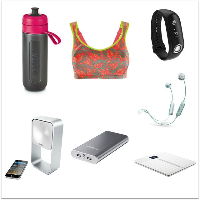 A collage of seven fitness essentials: a water bottle, colourful sports bra, black fitness tracker, wireless blue earphones, a smartphone with step counter app, portable fan, silver power bank, and digital scale—must-have workout items.